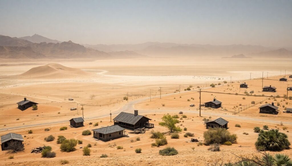 дюны и заброшенный город - иллюстрация