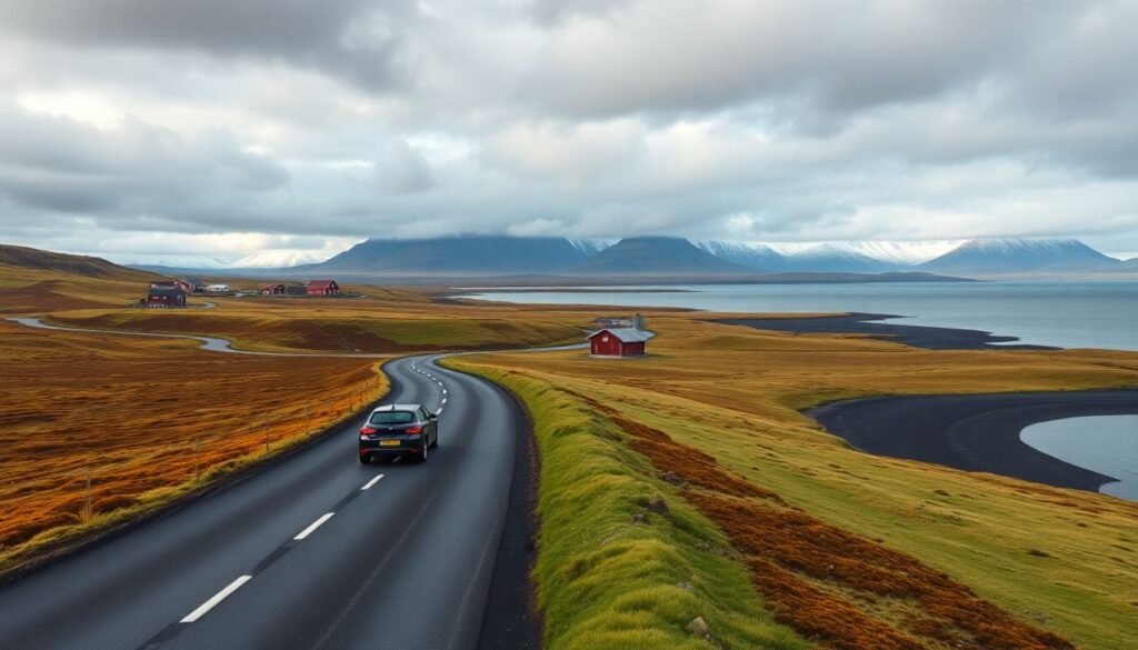 Путешествие по Исландии на машине по кольцевой дороге - иллюстрация
